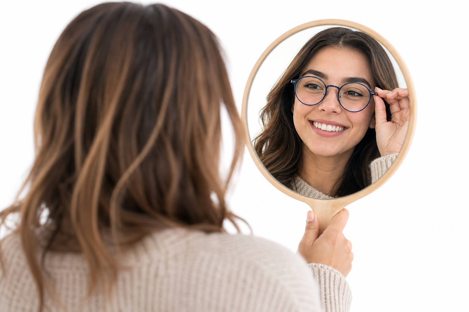 Cliente essayant ses nouvelles lunettes devant un miroir, chez elle