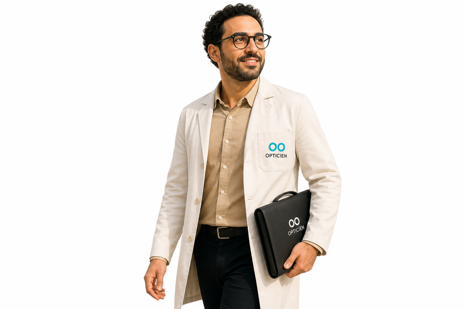 Opticien L’OPTIC marchant dans une rue résidentielle de Casablanca avec sa mallette de montures